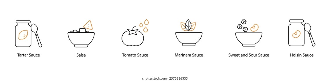 Icon Set: Tartar, Salsa, Tomato, Marinara, Sweet and Sour, and Hoisin Sauces