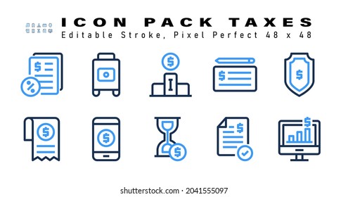 Icon Set of Taxes Two Color Icons. Contains such Icons as Money Secure, Bill, Online Shop, Time Is Money etc. Editable Stroke. 48 x 48 Pixel Perfect svg