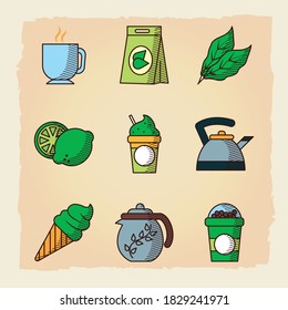 icon set of tea and lemon over orange background, hand draw style, vector illustration