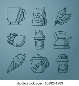 Symbol-Set aus Tee und Zitrone auf blauem Hintergrund, Linienstil, Vektorgrafik