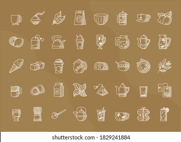 icon set of tea over brown background, line style, vector illustration