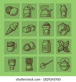 conjunto de iconos de té y tetera sobre fondo verde, estilo de línea, ilustración vectorial