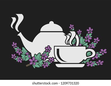 Icon set for tea with thyme. Healthy tea. Brewing thyme in the kettle and cup. Vector color icon on dark background.