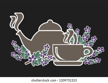 Icon set for tea with thyme. Healthy tea. Brewing thyme in the kettle and cup. Vector icon on dark background.