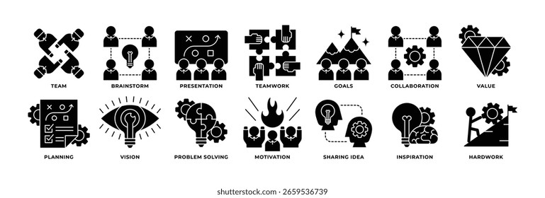 Conjunto de ícones de trabalho em equipe, debate, apresentação, metas, colaboração, valor, planejamento, visão e muito mais. Estilo de Glifo de Ícone