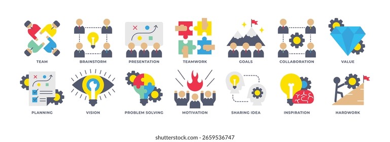 Icon Set of Teamwork, Brainstorm, Presentation, Goals, Collaboration, Value, Planning, Vision and more. Icon Flat Style