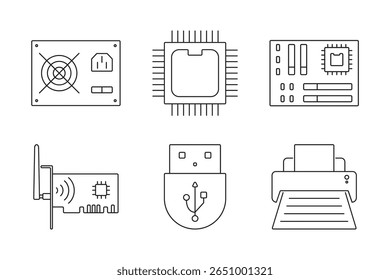 Conjunto de ícones de componentes técnicos, incluindo fonte de alimentação, chip, motherboard, antena, USB, impressora. Perfeito para eletrônicos, tutoriais, manuais de dispositivos.