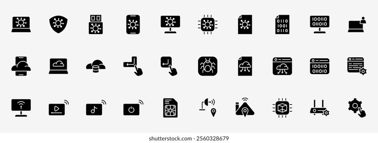 Icon set tech information include coding, pogrammer, malware, network etc. icon pack Glyph Solid style