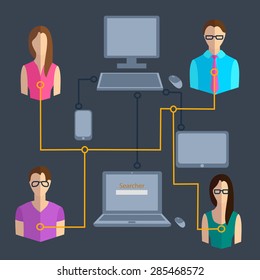Icon set technology and communications devices with people infographics exchange of information and the Internet business. Vector illustration