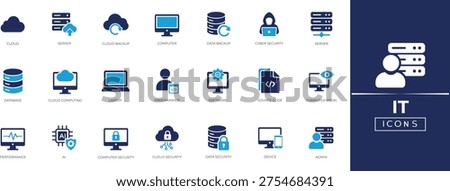IT icon set. Technology, network, programmer, Including server, computer, database, software development and more. Perfect solid icon collection.