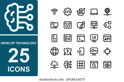 icon set technology.outline. contains mobile phone,connection,security,analysis,key,micro chip,cloud computing,artificial intelligence,hashtag,search.vector technology and development set.