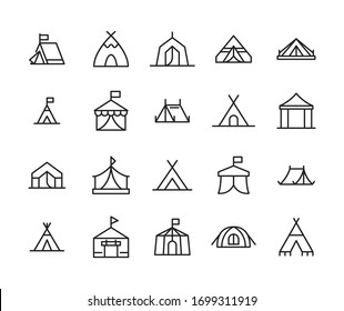 Icon set of tent. Editable vector pictograms isolated on a white background. Trendy outline symbols for mobile apps and website design. Premium pack of icons in trendy line style.