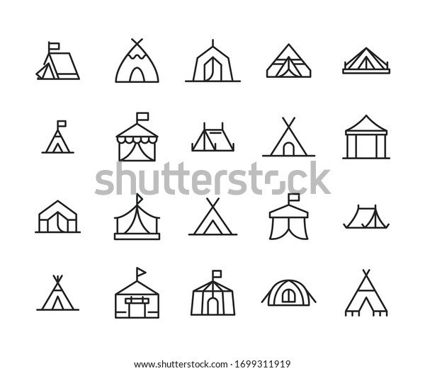 Icon\
set of tent. Editable vector pictograms isolated on a white\
background. Trendy outline symbols for mobile apps and website\
design. Premium pack of icons in trendy line\
style.