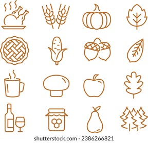 Icon set of thanksgiving, autumn, fall, season, halloween, harvest, farm. Icons isolated on a white, transparent background. Simple flat design vector illustration