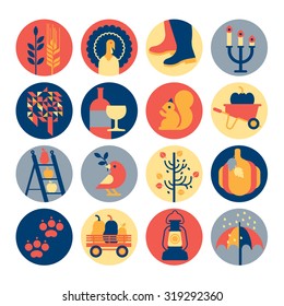 Icon set with thanksgiving and autumn symbols. 
