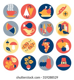 Icon set with Thanksgiving dinner symbols. 