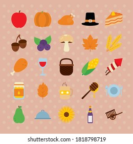 icon set of thanksgiving and pilgrim hat over brown background, flat style, vector illustration
