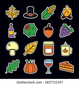 icon set of thanksgiving and wine glass over black background, line and fill style, vector illustration