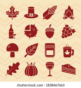 icon set of thanksgiving and wine glass over brown background, silhouette style, vector illustration