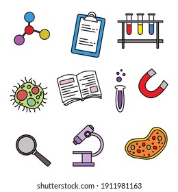 Un conjunto de iconos que se rellenan con utilidades de laboratorio como tubos de ensayo, microscopio, imán e incluso las ventas