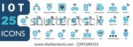icon set theme IOT .contains vpn,network security,network,camera,printer,wireless technology,satelite,digital wallet,LAN,port.flat color icons set, for apk, web and other designs.