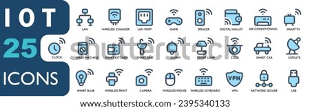 icon set theme IOT .contains vpn,network security,network,camera,printer,wireless technology,satelite,digital wallet,LAN,port.lineal color icons set, for apk, web and other designs.