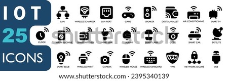 icon set theme IOT .contains vpn,network security,network,camera,printer,wireless technology,satelite,digital wallet,LAN,port.black solid icons set, for apk, web and other designs.