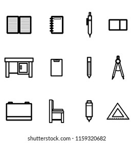 Icon set with the theme of school equipment. With various kinds of school equipment, such as notebooks, pencils, study tables, rulers, chairs and others