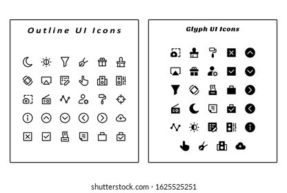 Icon set themed user interface. With the outline and glyph versions