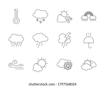 conjunto de iconos del termómetro y el tiempo atmosférico sobre fondo blanco, estilo de línea, ilustración vectorial