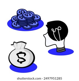 Conjunto de iconos con tres ilustraciones temáticas de negocios: una bolsa de dinero, una moneda de un dólar y una bombilla con un cerebro humano. Esta colección combina finanzas e innovación, ideal.