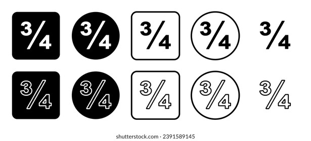 Icon set of three quarters symbol. Filled, outline, black and white icons set, flat style.  Vector illustration on white background