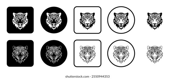 Icon set of tiger head symbol. Filled, outline, black and white icons set, flat style.  Vector illustration on white background