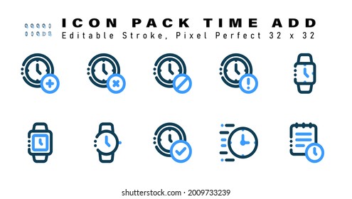 Conjunto de iconos de tiempo Añadir dos iconos de color. Contiene iconos como Smartwatch, Circle, Device, Time Check Symbol, etc. Editable Stroke. 32 x 32 Pixel Perfecto