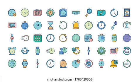 conjunto de iconos de concepto de tiempo sobre fondo blanco, estilo de relleno de línea, ilustración vectorial