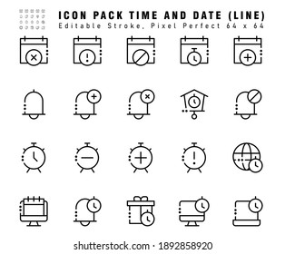 Icon Set of Time And Date Vector Line Icons. Contains such Icons as Calendar,  Notification, Clock etc. Editable Stroke. 64x64 Pixel Perfect