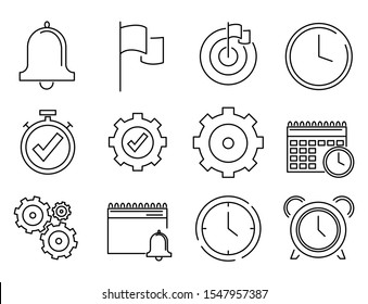 icon set of time management related outline, included as bell, clock, calendar, reminder.
