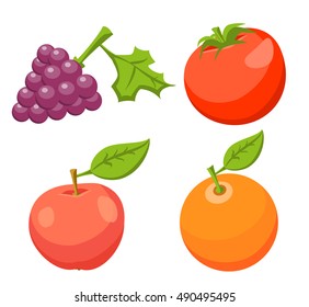 Icon Set. Tomato, Apple, Orange, Grape