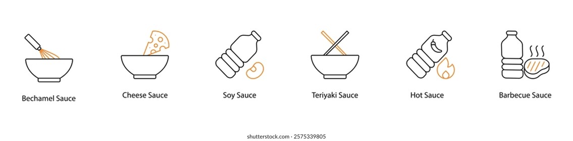 Icon Set: Tomato, Cheese, Soy, Teriyaki, Hot, and Barbecue Sauces