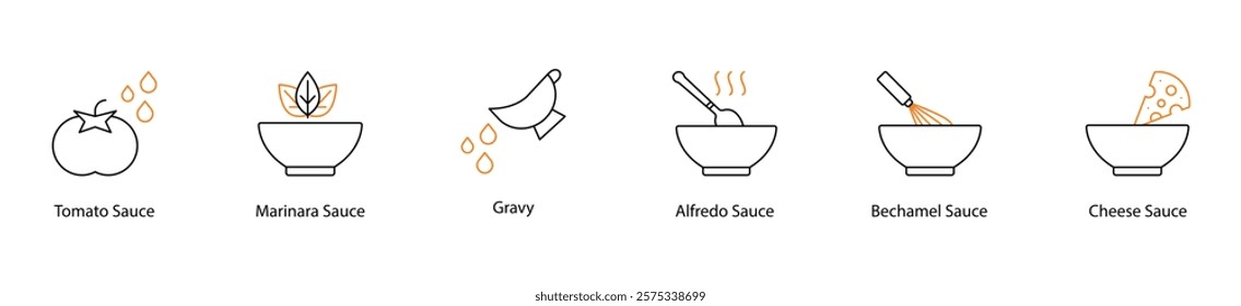 Icon Set: Tomato, Marinara, Gravy, Alfredo, Bechamel, and Cheese Sauces