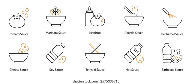 Icon Set: Tomato, Marinara, Ketchup, Alfredo, Vegetable, Cheese, Soy, Teriyaki, Hot, and Barbecue Sauces