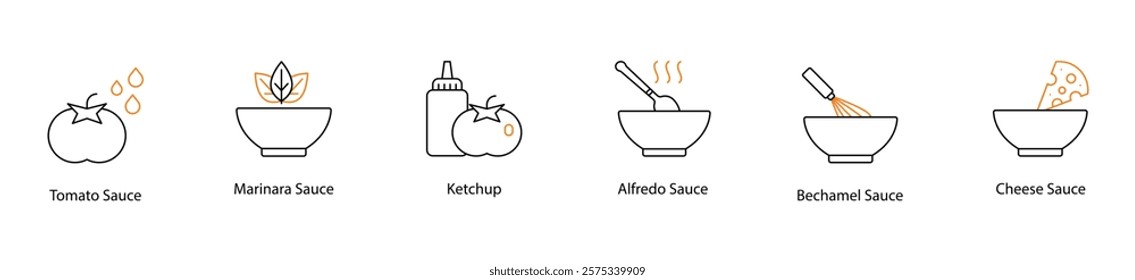 Icon Set: Tomato, Marinara, Ketchup, Alfredo, Bechamel, and Cheese Sauces