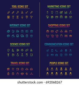 icon set. tool. internet. science. travel. marketing. shopping. communication. people. on blue background. logo. symbol