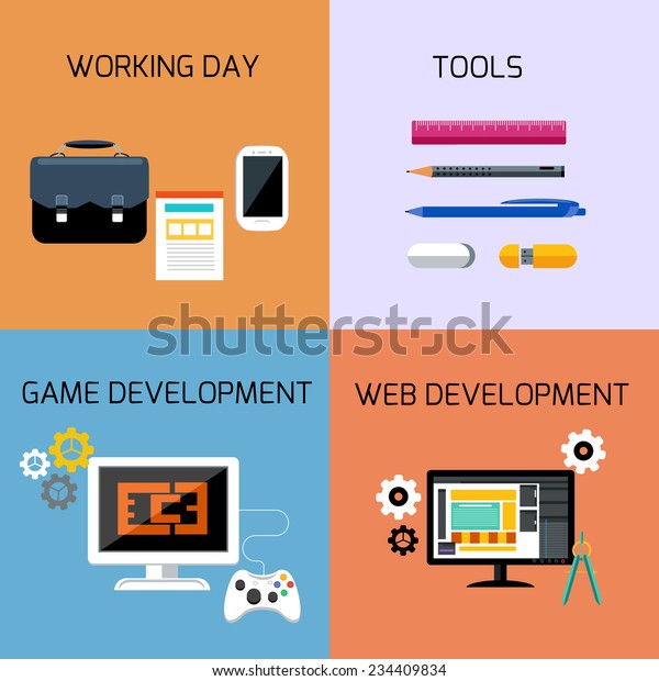 Icon set of tools for game\
development, website building, business and office in flat\
design