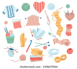 Icon set of tools for knitting. Yarn, scissors, gloves, sweater, needles. Arts, crafts hand drawn supplies. Hobby tools collection. Isolated on white background. Vector cute cartoon illustration