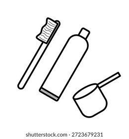 Symbolsatz aus Zahnbürste, Zahnpasta und Wasserdipper einzeln auf sauberem Hintergrund mit einfachem minimalistischem Stil, geeignet für Hygiene, Badezimmerausstattung, Tagesablauf und Sanitär-Konzepte.