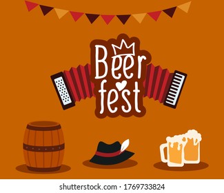 Icon set. Traditional Bavarian hat, accordion and a barrel of beer on an isolated background. Oktoberfest beer festival. Beer Fest logo with accordion. 