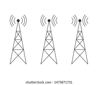 Icon set with transmitter, repeater and receiver mast, simple flat design.