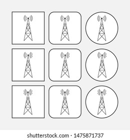 Icon set with transmitter, repeater and receiver mast on square and round white background, simple flat design.