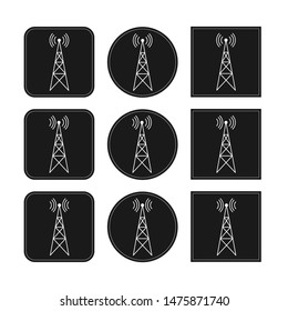 Icon set with transmitter, repeater and receiver mast on square and round black background, simple flat design.